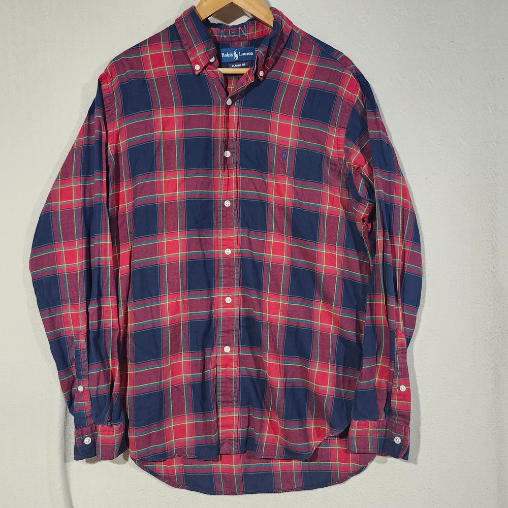 Ralph Lauren Mens Classic Fit Plaid Button Down Shirt Red Navy Blue Large Fall